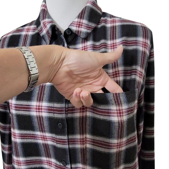 Treasure & Bond Size XS Black, Blue, White & Burgundy Plaid "Boyfriend" Flannel - Picture 2 of 12